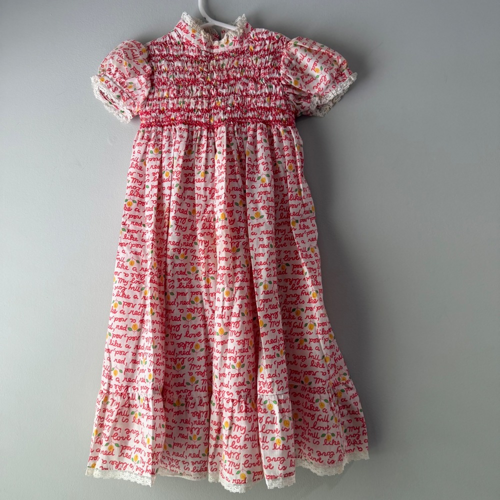 Vintage Smocked Dress Girls White Red Rose Script Print Lace Trim Midi Excellent